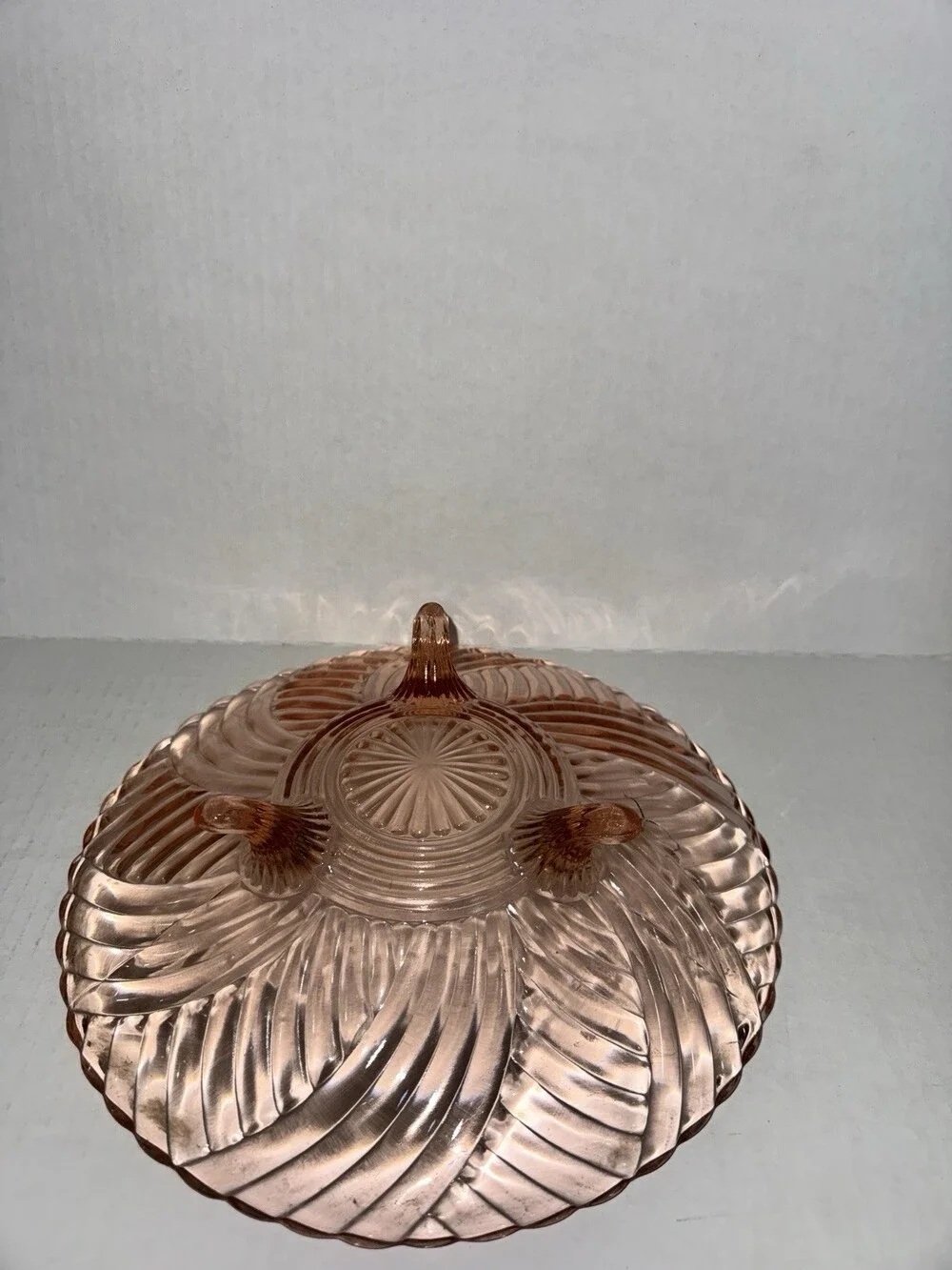 Vintage Pink Depression Glass 3 Footed Swirl Serving Plate 9.5”